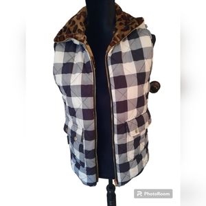 Womens Pete And Lucy Wild About Plaid Cheetah  Reversible Puffer Vest Medium